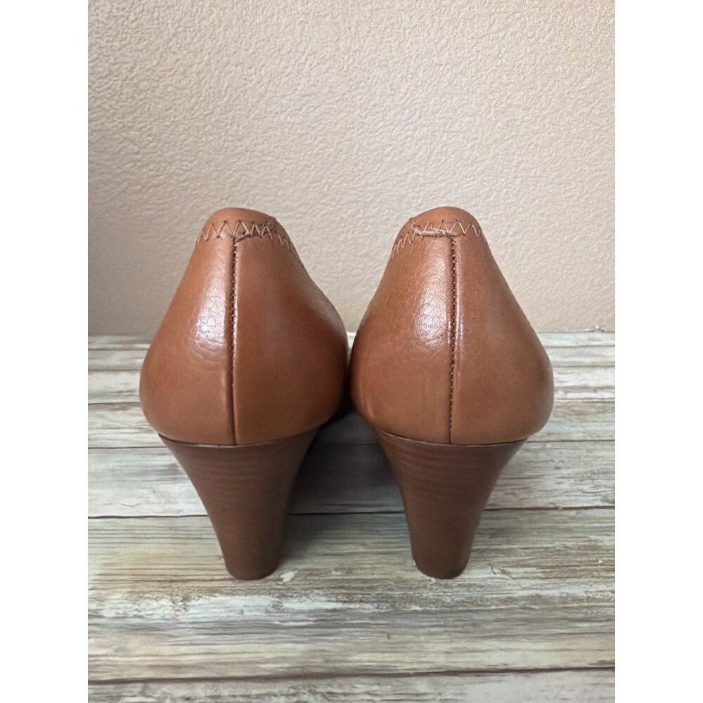 Tory Burch Women's Sally 2 Cognac Leather Peep Toe Wedge Heels Sz 11 Used No Box - Picture 7 of 11